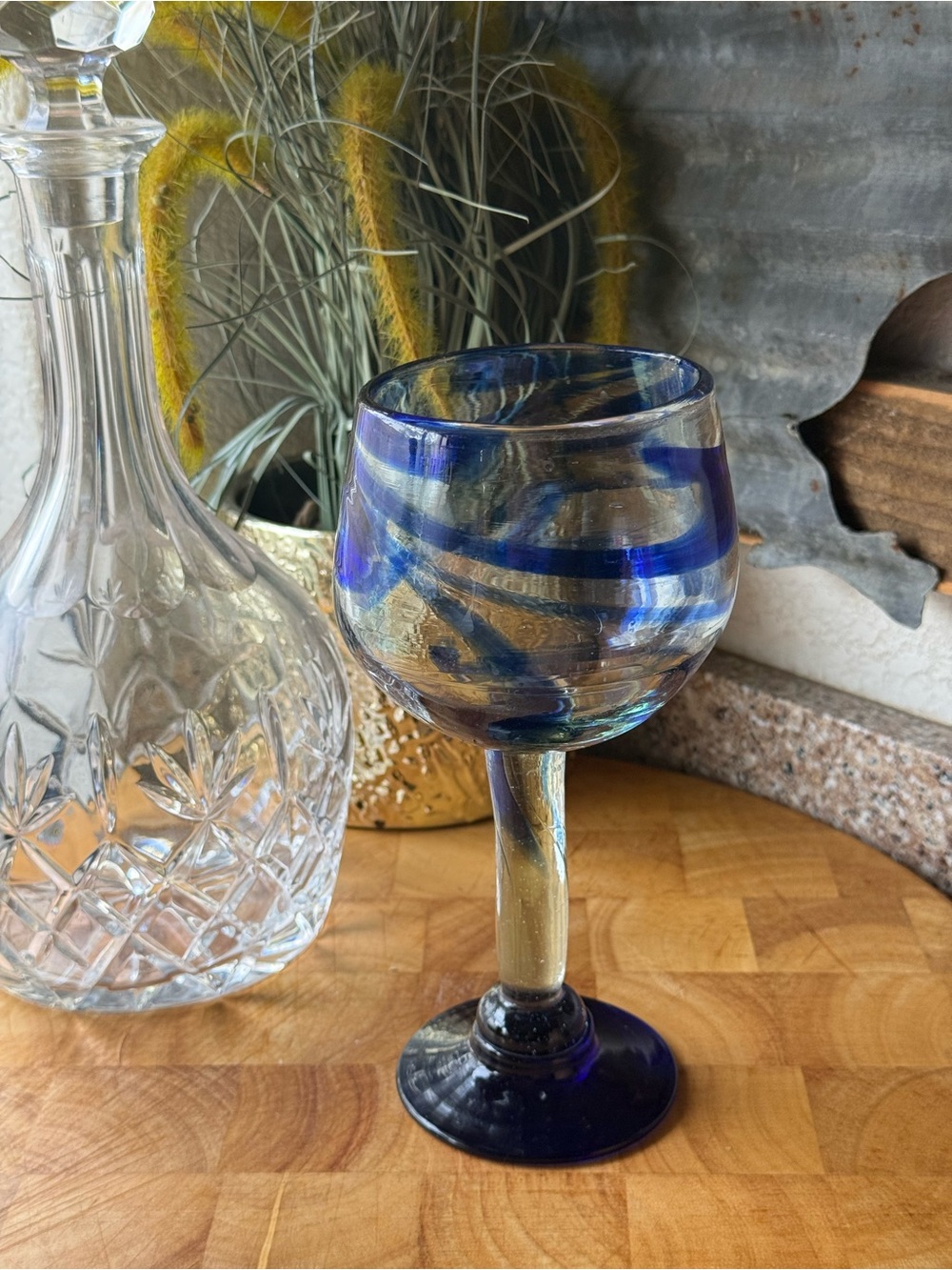 Handblown Blue Swirl Glass Goblet - Artisan Home Art